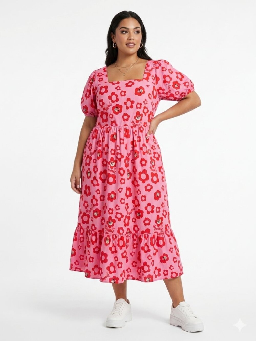 DISNEY Minnie Mouse Puff Sleeve Cotton Midi Dress Pink 2X